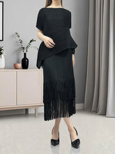 HEYFANCYSTYLE Women's Asymmetric Pleated Fringe Japanese Skirt Set